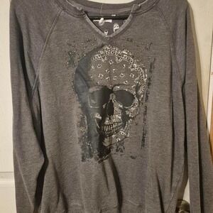 Maurices Sweatshirt Womens Large Grey Good Skull Graphic Studded Notched V-Neck
